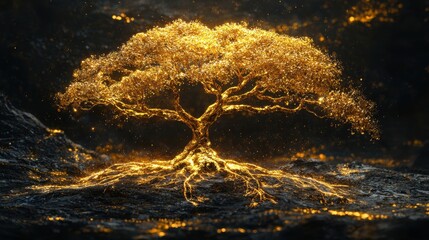 Fototapeta premium Enchanted tree with a luminous trunk illuminating the surrounding forest in a mystical and dreamlike atmosphere