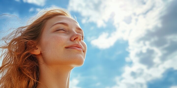 A woman with her eyes closed gazing up at the clear blue sky, possibly lost in thought or prayer