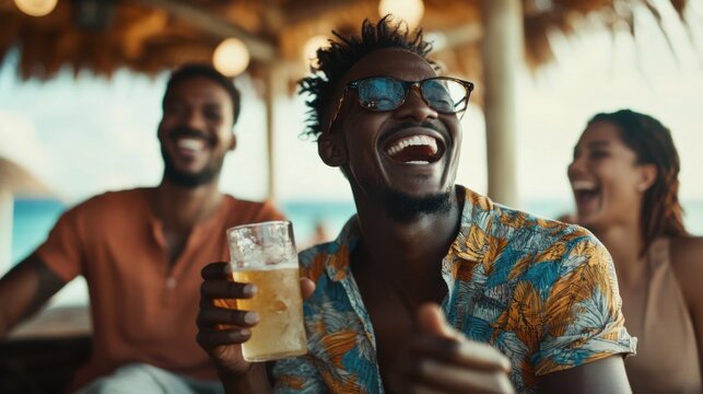 Lottery jackpot winner celebrating at a beachside bar. Featuring excitement and freedom
