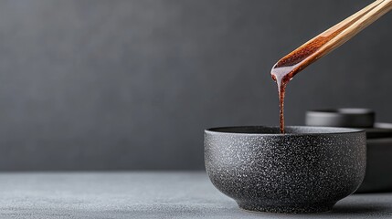 Dark Sauce Pouring into Bowl on Gray Surface