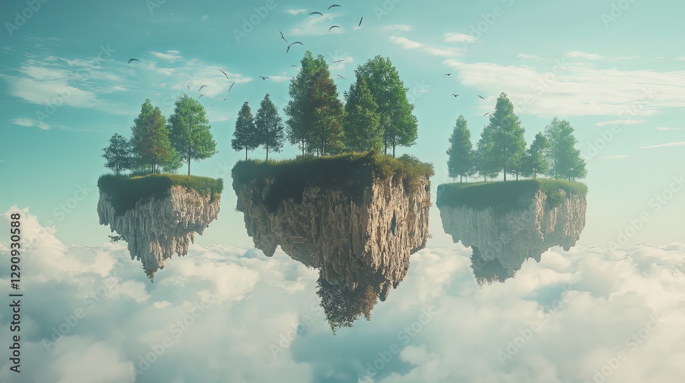 Poster An abstract 3D landscape with surreal floating islands. 