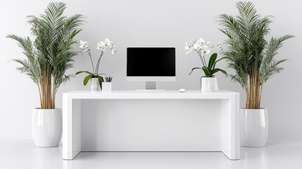 Modern white office desk with computer and plants.  Possible use Business presentation