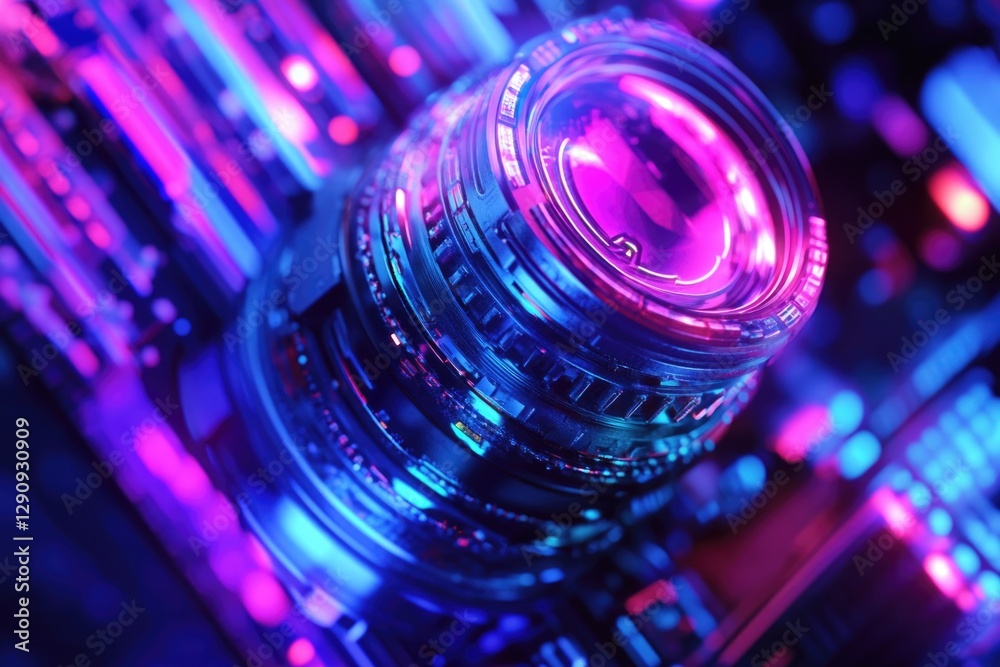 Aufkleber A detailed view of a camera lens situated on a computer keyboard, ideal for use in tech-related concepts or illustrations