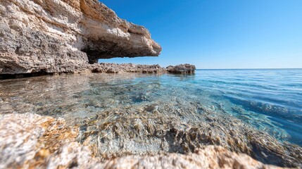 Coastal rock overhang, clear water, sunny day, seaside relaxation