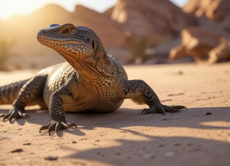 Obraz premium Desert monitor lizard basking in morning light , desert landscapes, outdoor scenery, wildlife photography
