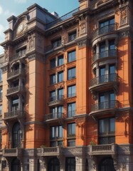 Detailed facade of a multistorey apartment building with ornate architectural features, balcony windows, architectural details, coastal town