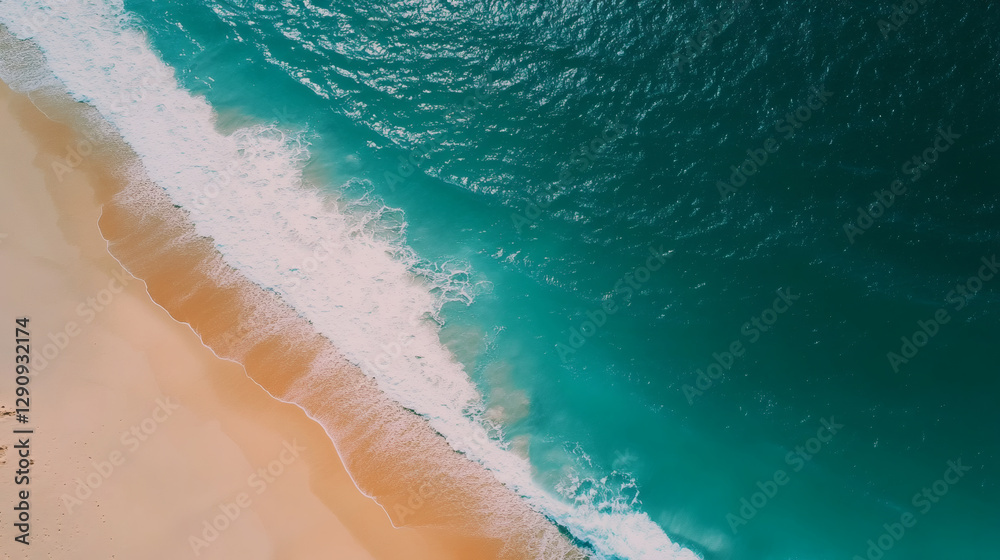 Aufkleber aerial view of a serene beach with golden sands meeting turquoise waves, creating a tranquil coastal
