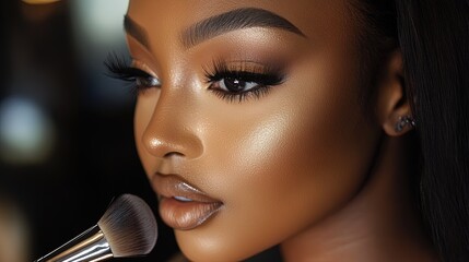 Close-up of a makeup artist holding a brush, highlighting face contouring techniques 