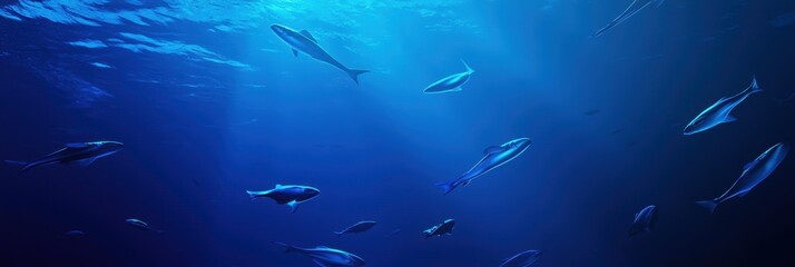 Fototapeta premium 3d background minimalistic mockup with space for text, glowing fish swimming through a deep blue gradient