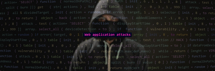 Cyber attack web application attacks text in foreground screen, hacker hidden in the blurred background. Vulnerability text in binary system ascii art style, code on editor screen. Text in English.