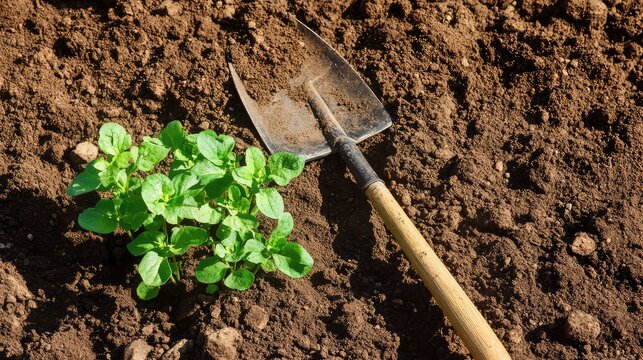 A hand hoe resting next to young green plants in freshly tilled soil, agricultural background with plenty of copy space.