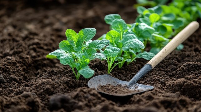 A hand hoe resting next to young green plants in freshly tilled soil, agricultural background with plenty of copy space.