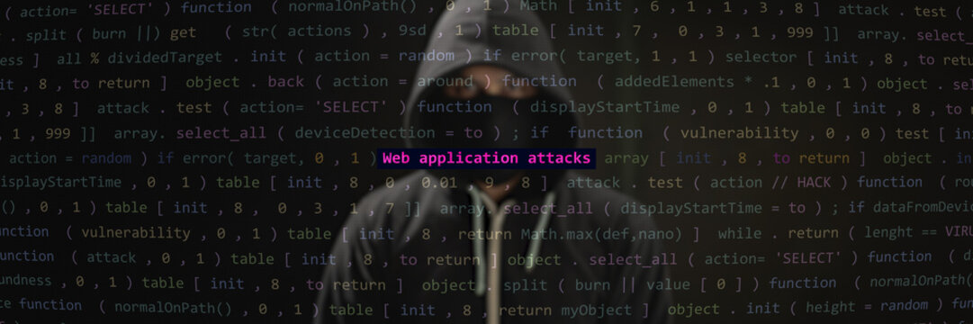 Cyber attack web application attacks text in foreground screen, hacker hidden in the blurred background. Vulnerability text in binary system ascii art style, code on editor screen. Text in English.