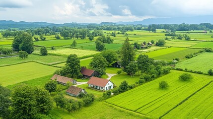 Obraz premium A lush green farm where multiple farming systems, such as crop production and livestock, are integrated, with space for copy.