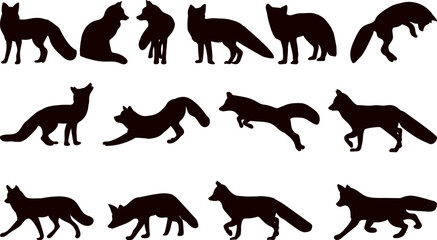 fox silhouette in different angles collection on white background, vector