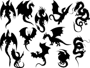 silhouette dragons in different angles collection on white background, vector