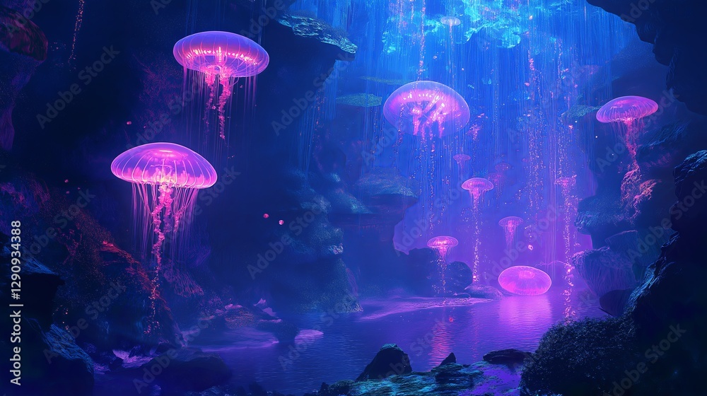 Poster a surreal underwater scene with glowing jellyfish floating