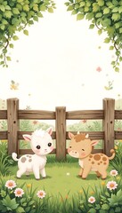 Fototapeta premium Cute Cartoon Animals on Farm with Wooden Fence and Greenery