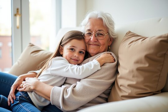 A Warm Embrace Between a Grandmother and Her Young Granddaughter in a Cozy Living Room, Capturing Love and Generational Bonding