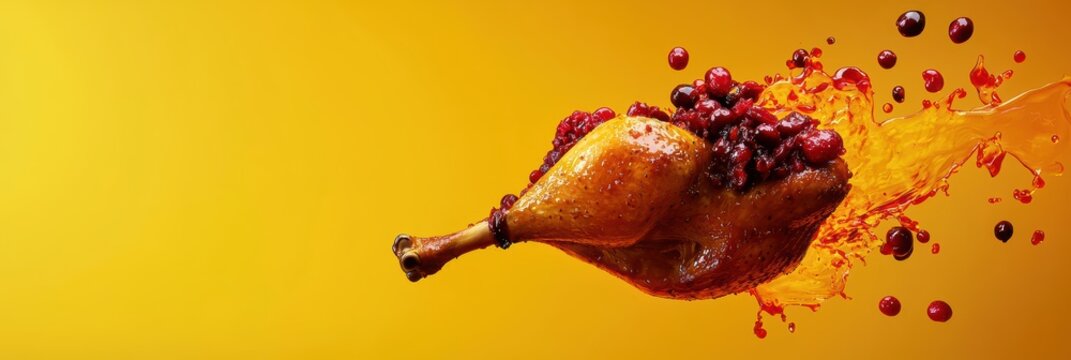 3d background minimalistic mockup with space for text flying roasted turkey leg with cranberry sauce splash on bright mustard