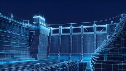 Fototapeta premium Hydroelectric dam power station for Hydro energy electricity infrastructure Industrial Engineering Technical wireframe model