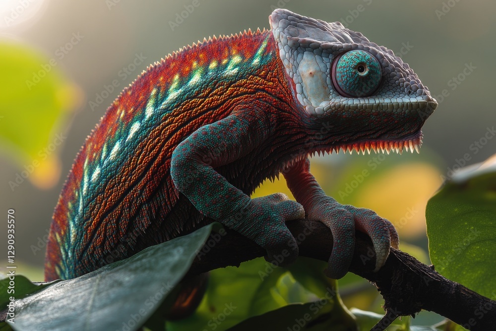 Poster A close-up shot of a chameleon resting on a tree branch