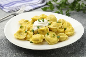 Tasty dumplings with green onion and sour cream on grey textured table, closeup