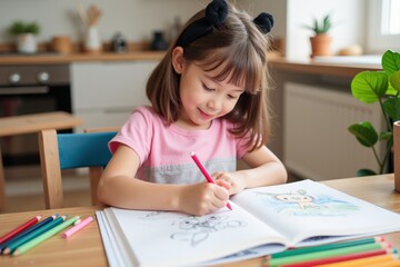 Fototapeta premium A Young Caucasian Girl with Brown Hair in a Pink Shirt, Enthusiastically Coloring in a Book at a Bright Kitchen Table Filled with Art Supplies and Plants