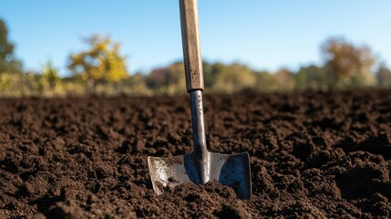 A shovel with a wooden handle stuck in rich, dark soil on a sunny farm field, clear sky in the background for agricultural copy space.