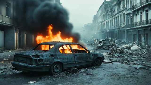 A car fully engulfed in flames on a ruined city street, with the remnants of buildings crumbling and burning in the background, the destruction and chaos of a war torn city	