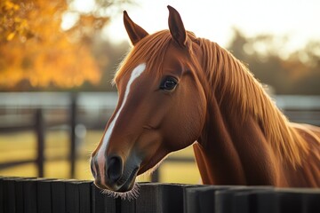 A brown horse stands next to a wooden fence in a rural setting