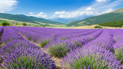 Fototapeta premium A sunlit field of blooming lavender stretching across rolling hills, plenty of clear space above for farming copy.