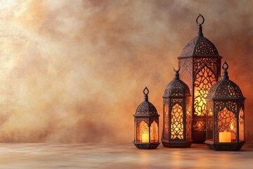 Fototapeta premium Eid Mubarak and Ramadan Kareem greetings with Islamic lanterns behind the wall background with copy space. Backdrop in light brown and gold colors