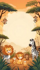 Naklejka premium Cartoon Safari Animals with Lions, Zebras, and Monkeys in Savanna