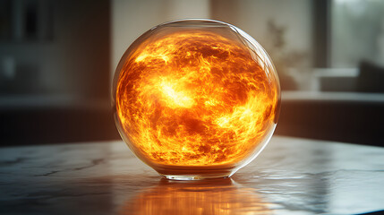 a glass vase with a sun inside of it