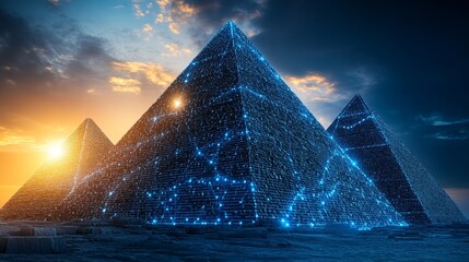 Digital network representation of the pyramids of giza with blue dotted outline in egypt