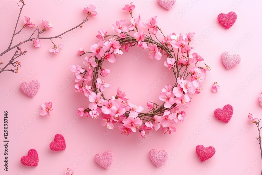 Poster A beautiful arrangement of pink flowers and hearts on a pink background