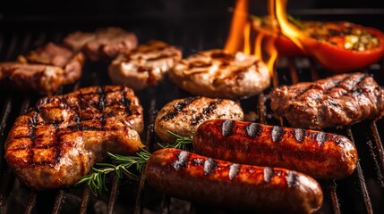 A variety of grilled meats, including sausages and chicken, sizzling on a barbecue grill with space for text.
