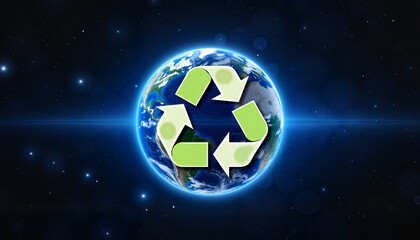 Earth globe with recycling symbol in cosmic space, environmental awareness