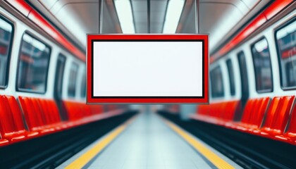 A modern subway interior featuring empty seats and a blank display board, symbolizing urban mobility and public transport usage.