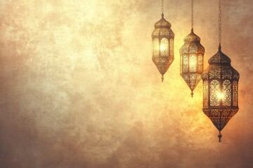 Obraz premium Eid Mubarak and Ramadan Kareem greetings with Islamic lanterns behind the wall background with copy space. Backdrop in light brown and gold colors