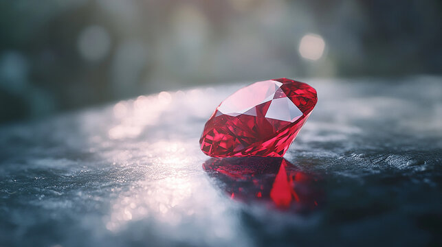 A perfectly cut ruby gemstone resting on a smooth surface