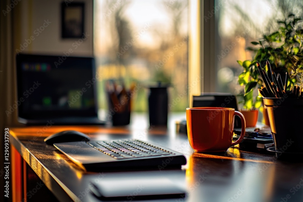 Aufkleber A desk setup with a keyboard and a cup of coffee, perfect for working or studying