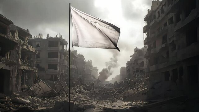 A white flag symbolizing surrender in the middle of a war-torn city, The flag stands tall amidst the ruins, Reflects the end of conflict and the moment of surrender	