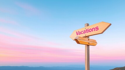 Wooden sign with pink vacations writing indicating the direction for holidays in a beautiful mountain landscape at sunset