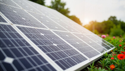 Clean solar panel with raindrops in backyard garden, eco-friendly energy