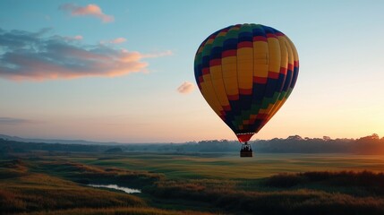Obraz premium Hot air balloon sunrise flight over misty field