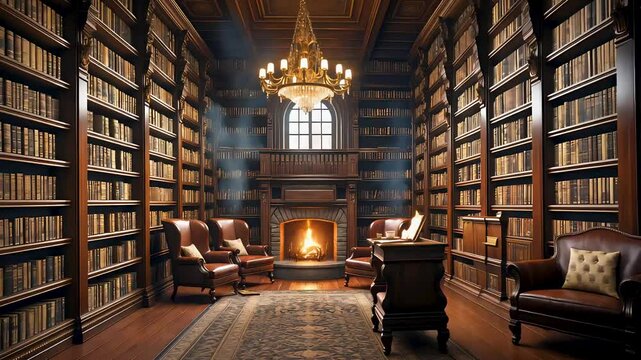 Cozy antique library with bookshelves, leather chairs, and a warm fireplace in a classical setting
