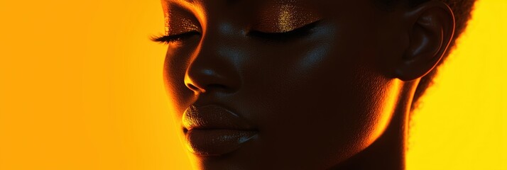 3d background minimalistic mockup with space for text, glowing soft portrait of a woman with golden highlights and dreamy expression
