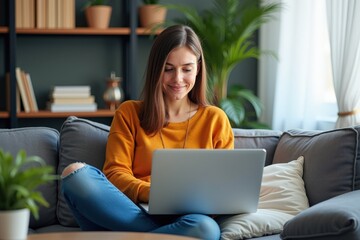 Naklejka premium Young Woman with Long Brown Hair Sitting Cross-Legged on a Couch Working on a Laptop in a Bright Living Room with Indoor Plants and Comfortable Décor